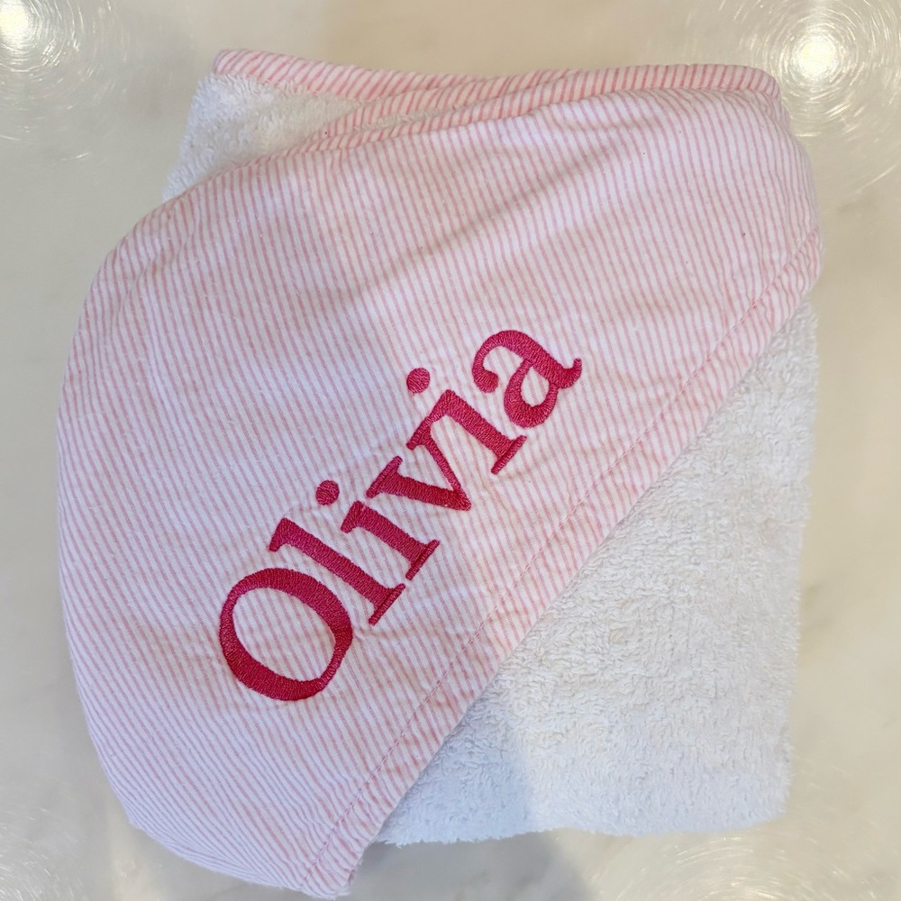 Pink and White Striped Hooded Baby Towel with Embroidery